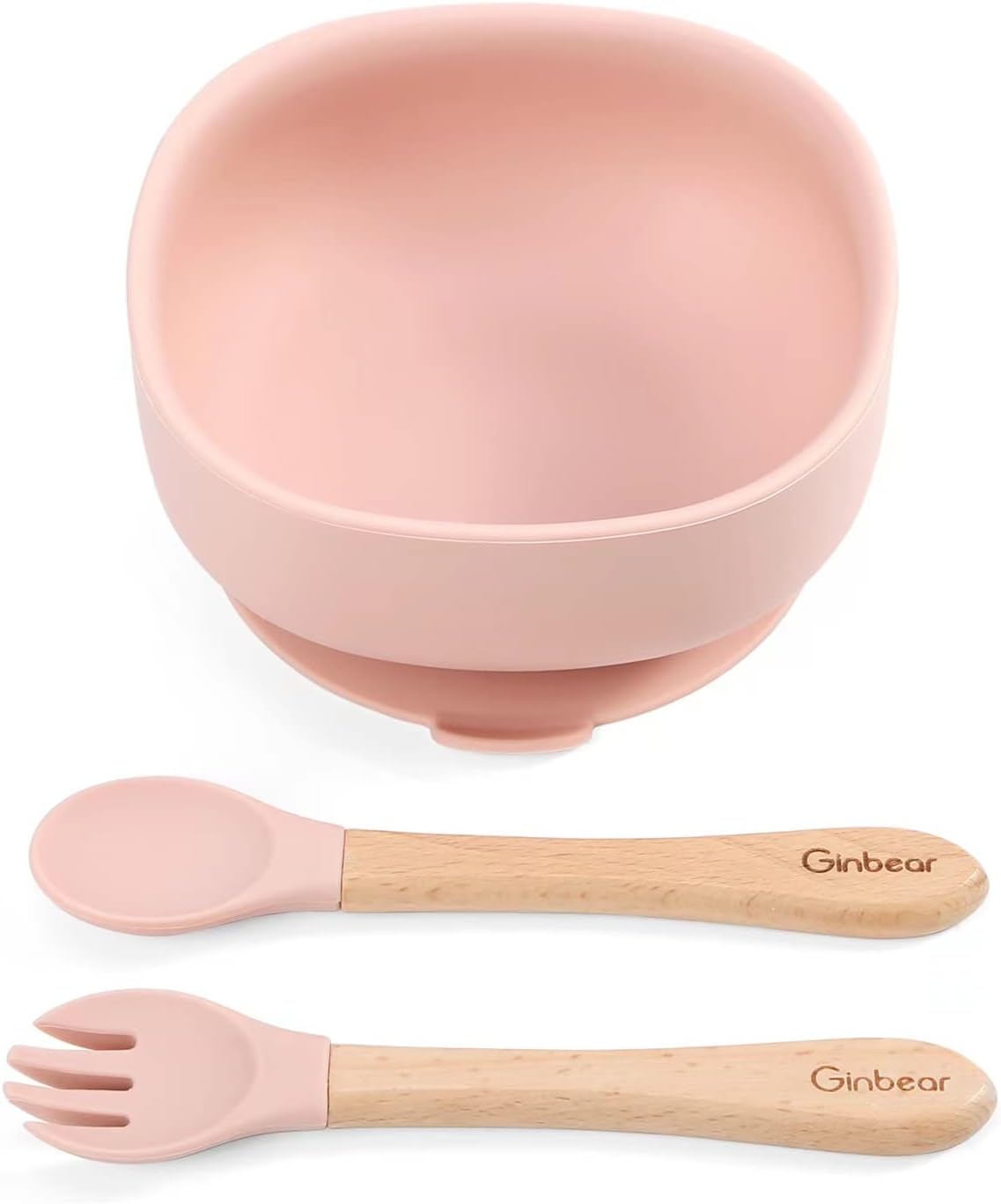 Ginbear Suction Bowls for Baby Girl, Baby Led Weaning Spoon and Fork, Baby Dishes and Utensils Set for Toddlers, Silicone Baby Feeding Set 6-12 Months (Baby Pink)