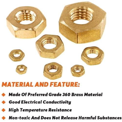 Image of Epi-Torque High Strength Brass Hex Nuts7 Sizes M3, M4, M5, M6, M8, M10, M12 Assortment Pack of 208 Pcs In Plastic Storage Box