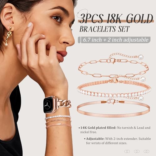 Image of JR.DM Rose Gold Watch Bands and 3Pcs Bracelet Set for Women Compatible with Apple Watch 38 /40 /41 /42mm(S10 /11) Adjustable Metal Dressy Single Chain Strap for iWatch Series 11 /10 /9 /8 /7 /6 /5 /4 /SE /3 /2 /1