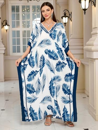 Image of KECVOT Kaftan Dresses for Women V-Neck Print Swimsuit Cover Up Plus Size Beach Caftan Lounge Dress