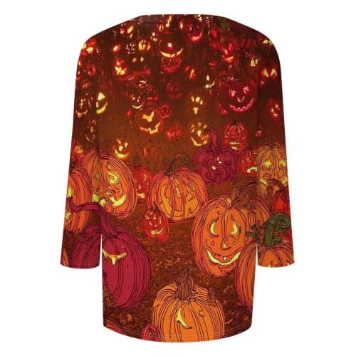 Image of Women Spooky Halloween Graphic Shirt 3 /4 Length Sleeve Crewneck Top | Halloween Funny Printed Pumpkin Plus Size Tshirts 2026 Fall Outfits Skeleton Tee Going Out Tops