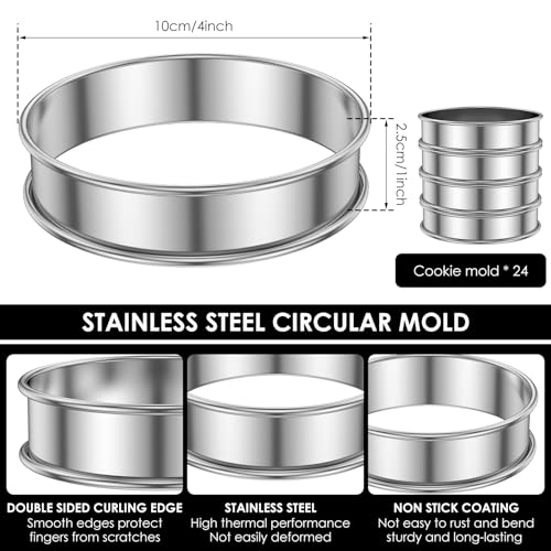 24 Pack 4 Inch English Muffin Rings Crumpet Rings, Stainless Steel Double Rolled Tart Rings, Round Metal Cooking Pastry Ring Molds for Cookies Dessert Crumpets Baking Food Making Tool - Thumbnail 2