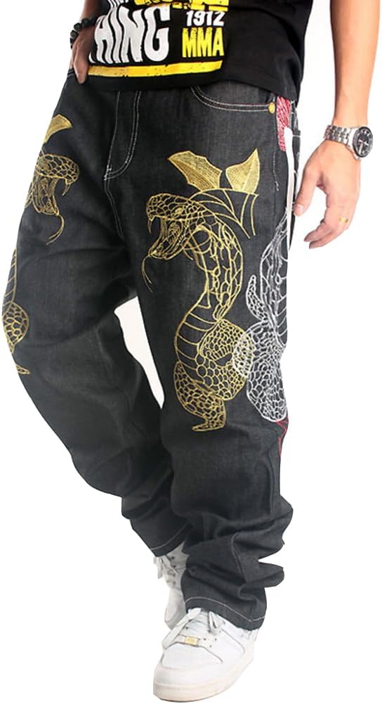 Ruiatoo Mens Jeans Fashion Skateboard Pants Snake Embroidery Baggy Jeans Hip Hop Denim Black Trousers