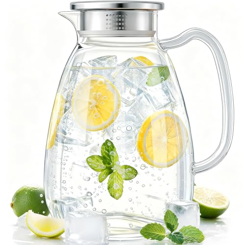 CubbyHaven Glass Pitcher with Lid and Handle, 2.2L (74 oz) Borosilicate Glass Water Carafe,...