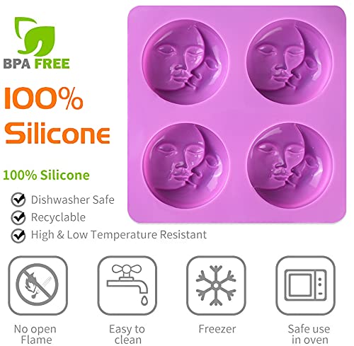 Sun & Moon Silicone Soap Molds, 4 Cavity Crescent Moon Face Silicone Soap Mold For Homemade Lotion Bar, Bath Bombs, Polymer Clay, Diy Candle Resin Making #TOP2