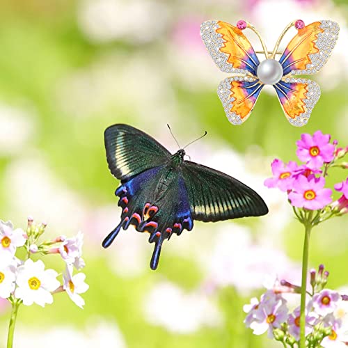 Image of FEELMEM Crystal Rhinestone Butterfly Brooch Pin Blue Color Butterfly Brooches for For Women Wedding /Banquet /Birthday Party (orange)