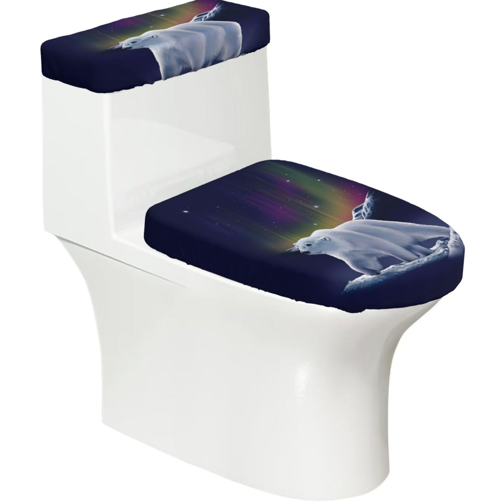 Northern Lights Polar Bear 2-Piece Toilet Seat Cover Set with Tank Lid - Elastic for U-Shape & Elongated - Bathroom Decor