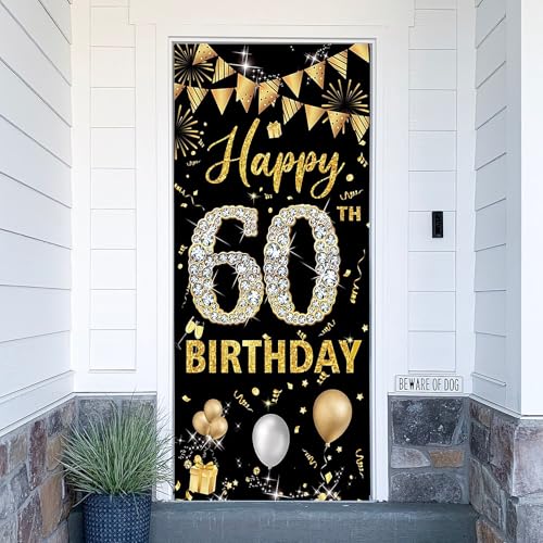 Banner de aniversário para 60 anos, 60 anos grande bandeira com feliz aniversário, faixa preta e dourada, 60 Geburtstag Hintergrund Banner, für Frau Mann 60 Party Geburtstagsdeko, 180 x 90 cm