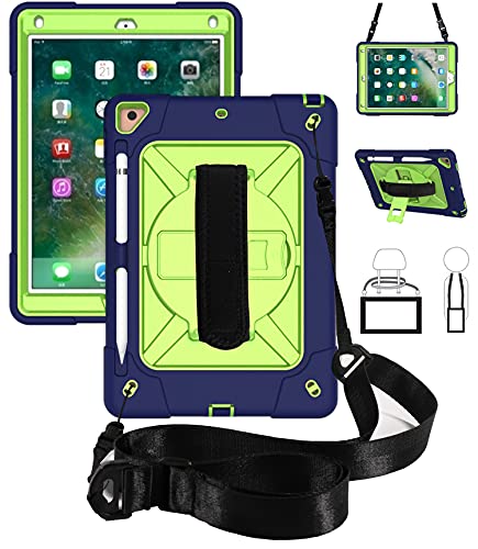 iPad 6. Gen./5. Gen./Air 2/Pro 9.7 Hülle mit Stifthalter und Kartensteckplatz Funktion Schulterriemen Verstellbarer Handschlaufe für iPad 9.7 Zoll 2018/2017,Navyblue Green Cover