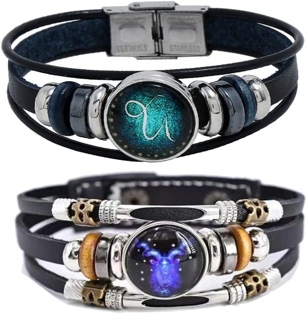 2Pcs Multilayer Constellation Zodiac Leather Bracelet Handmade Woven Zodiac Sign Wrap Bracelet Wristband for Women Men Jewelry Birthday Gift