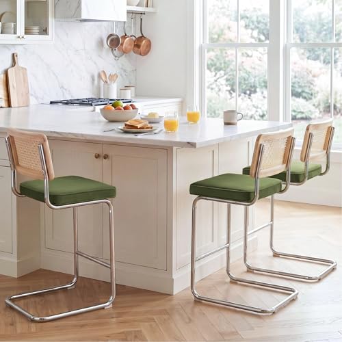 Image of Zesthouse Natural Rattan Counter Stools Set of 3, 26 inch Mid Century Modern Bar Stools with Solid Wood Frame & Chrome Base, Upholstered Velvet Counter Height Barstools for Kitchen Island, Olive Green