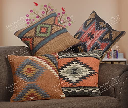 Chouhan Rugs 4 pcs Set of Indian Hand loomed Cushion Cover, Natural Jute Pillows Covers, 18x18 Inch Hand-Woven Throw Pillowcases, Home Decor Sofa Pillow Covers