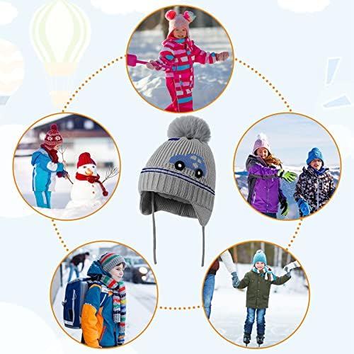 ECOMBOS Kids Beanie Hat - Boys Winter Knitted Hat Earflap Car Bobble Hat Warm Beanie Fleece Lining Children Hat with Pompom for 4-8 Ages