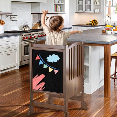 Image of TOETOL Folding Toddler Step Stool for Kids Helper Stool, Bamboo Kids Kitchen Standing Tower Adjustable Height with Learning Black & White Activity Board