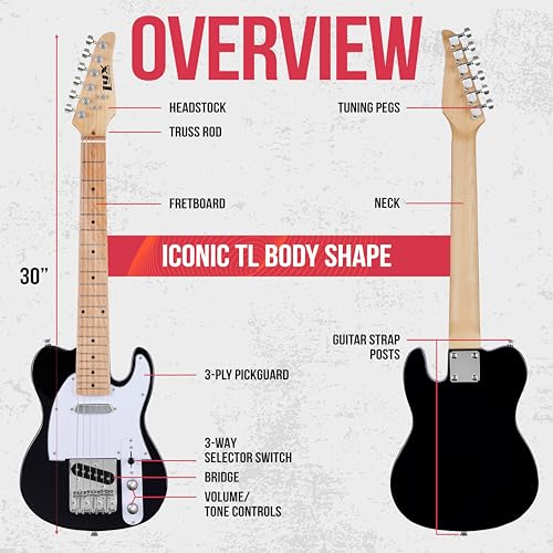 LyxPro 30” Electric Guitar TL Series, Full-Size Paulownia Wood Body, 3-Ply Pickguard, C-Shape Neck, Ashtray Bridge, Quality Gear Tuners, 3-Way Switch & Volume/Tone Controls, 2 Picks Included, Black