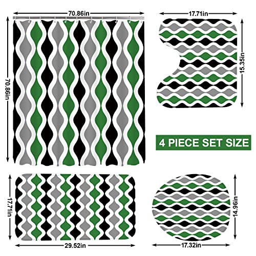 4Pcs Green Stripes Shower Curtain Set, Black Grey Contrast Bath Shower Curtain With Non-Slip Rug, Toilet Lid Cover And Bath Mat, Bathroom Decor Set Waterproof Shower Curtains With 12 Hooks, 72 X 72 In #TOP1