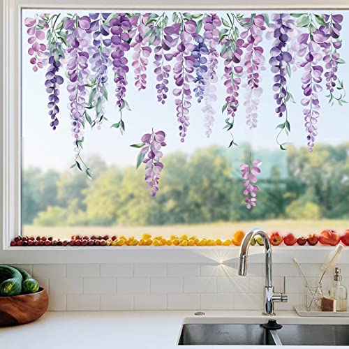Decalmile Summer Purple Flower Double Sided Window Clings Hanging Vine Wisteria Floral Leaf Window Decals Anti-Collision Glass Doors Window Stickers #TOP3