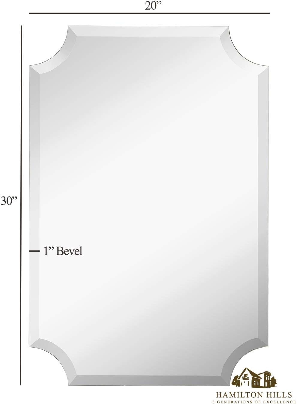 Top Brands Hamilton Hills Beveled Scalloped Edge Rectangular Wall Mirror 1 inch Bevel Curved Corners Rectangle Mirrored Glass Panel for Vanity, or Bathroom Hangs Horizontal & Vertical Frameless (20 x 30)