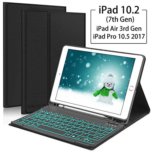 Boriyuan - Funda con Teclado para iPad 10.2 y 2019 Negro|Tecla retroiluminada|Ranura para bolígrafos