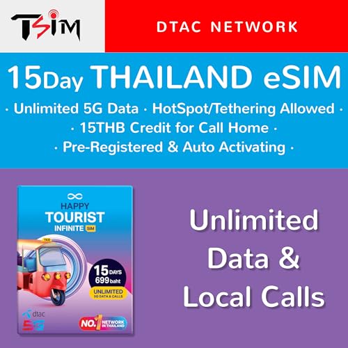 TSIM Thailand eSIM Card 15 Days Unlimited Data + Local Calls with Local Number + CallHome| Auto Activating | 5G DTAC Network With Tethering/HotSpot/Internet Sharing | QR Code included