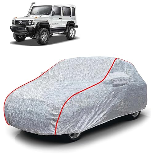 Image of Sulfar 100% Waterproof Car Body Cover Compatible with Mirror for Force Gurkha (Triple Stitched, Full Bottom Elastic, Magic Silver with Red Piping)