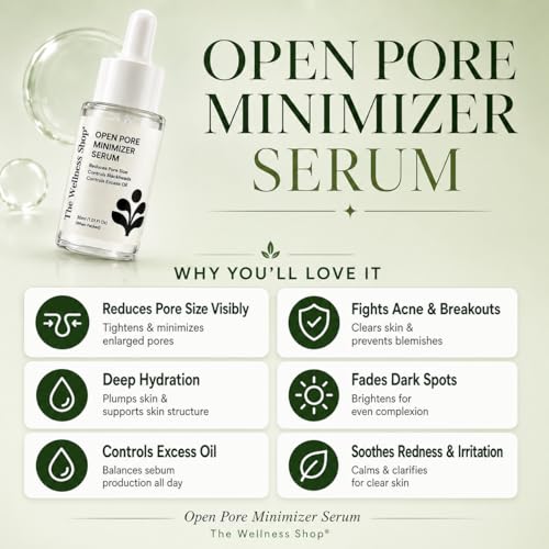 Image of The Wellness Shop Open Pore Minimizer Face Serum 30ml | Enriched with Niacinamide | Reduces Enlarged Pores, Oil Control & Acne Care | Blackhead Reduction & Improves Skin Texture