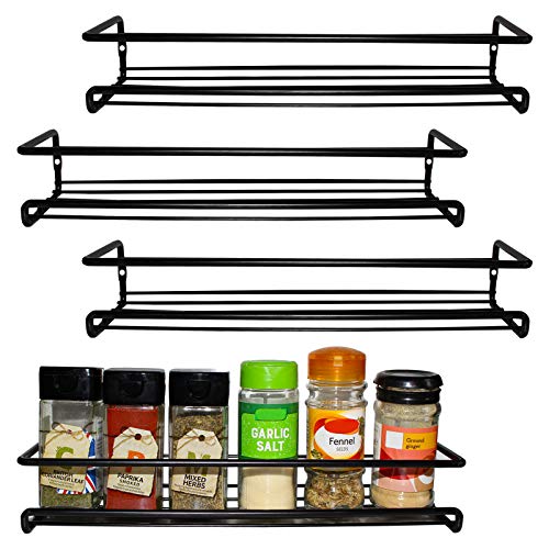 BELLE VOUS Lot de 4 Etagere a Epices Murale de Couleur Noire - Porte Épices et Herbes Aromatiques pour Murs de Cuisine et Armoires sur Un Étage - Range Epices Cuisine à Fixation Murale