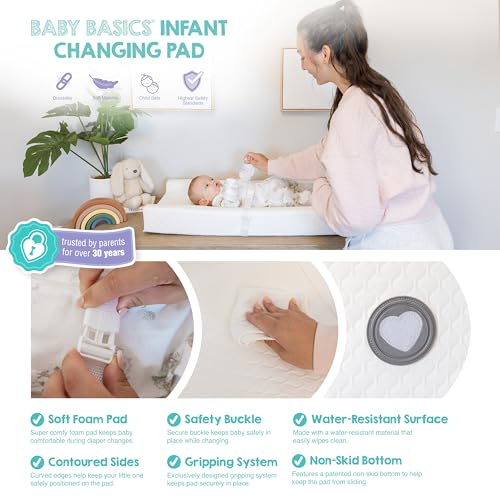 Image of Regalo Baby Basics Changing Pad with Non-Slip Grip System, Waterproof Diaper Changing Pad for Dresser or Changing Table, Contoured Infant Changing Pad with Safety Strap, White