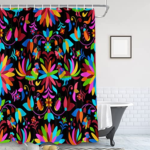 Mexican Shower Curtain, Traditional Mexico Otomi Style Floral Bird Bright Bathroom Accessory Set, Paisley Flower Art In Black Boho Decor, Waterproof Fabric Curtains With Hooks,72X72In #TOP1