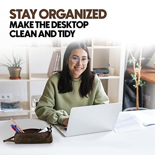 Leathercon Cylindrical Genuine Leather Pencil Case - Classic Leather Pencil Pouch For Artists & Makeup Tools. Vintage Leather Zipper Pouch For College & Office Use – Rustic Brown #TOP3