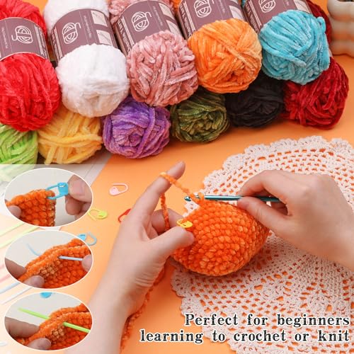 Image of LUNARM Chenille Yarn 3 Pack 3.5oz Chunky Blanket Velvet Yarn 263 Yard | Bright Red Chunky Chenille Yarn for Beginners Crocheting Hand Knitting Scarves with Big Eye Needles Machine Washable