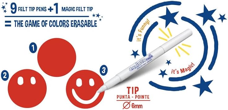 CARIOCA Erasable Magic Felt Tip Pens 10-Pack with 9 Color Markers + 1 Magink Eraser Pen, Maxi Tip 6 mm, Non-Toxic Felt Tip Markers, Art & School Supplies, Made in Italy
