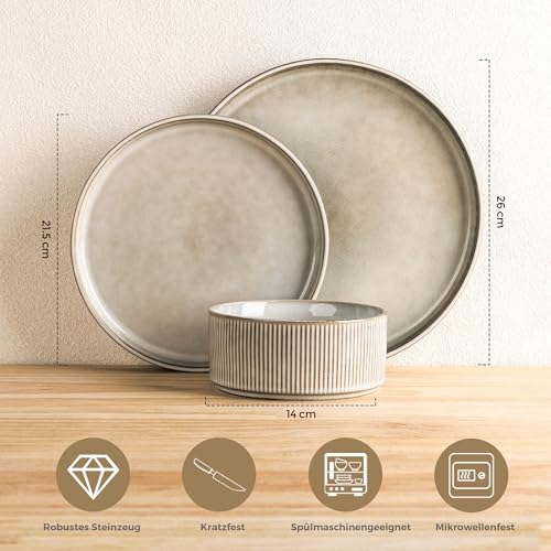 GBhome Steingut Geschirrset 6 Personen, 18-tlg Reaktive Glasur Handarbeit Steingut Geschirr Set, Mikrowellen- & Spülmaschinenfest Schüssel- und Teller Set,Cappuccino