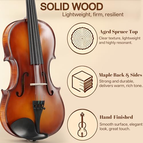 Image of Kmise Teacher Approved 4 /4 Full Size Violin Starter Kit for Adults Beginners Students, Artistic Tiger-Stripe Acoustic Violins, Fiddle Bundle with Case, Bow, Rosin, Strings, Shoulder Rest & Guide