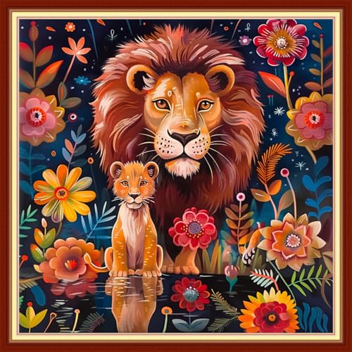 Image of Joyhoor Stamped Cross Stitch Kits for Beginners Needlepoint Kits for Adults Embroidery Kits 11CT Counted Cross Stitch Kits Printed Embroidery Pattern-Lion Flower 18x18 inchs