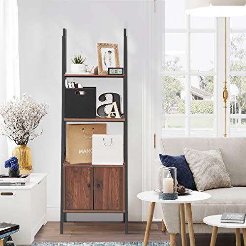 Tangkula 3 Shelf Ladder Bookshelf, Freestanding 3-Tier Wooden Bookcase with Doors, Multifunction Display Shelf, Plant Stand, Decor Furniture for Home Office (1, Walnut)