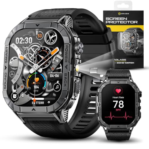 ALPHAGEAR Echo Smartwatch for Men Tactical Square Smart Watch 2.13 Inch AMOLED Big Face Display 480mAh Built-in Flashlight Compass Bluetooth Calling IP68 Water Resistant