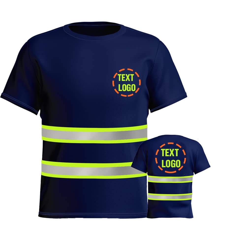 High Visibility Reflective Safety T-Shirts Custom Logo Hi Vis Short Sleeve Work Shirt for Men(Navy Blue/Green2-XL)