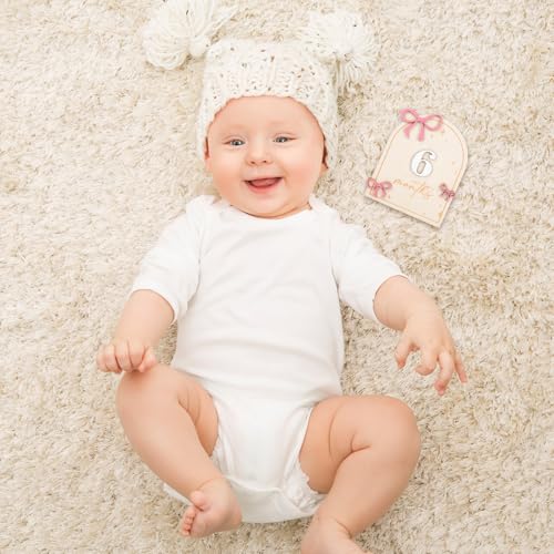 Image of JarThenaAMCS 12Pcs Wooden Baby Monthly Milestone Cards Coquette Pink Bow Marker Discs Announcement Sign Newborn Photo Props for Pregnancy Baby Shower Party Favors