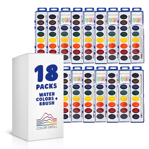 Color Swell Washable Bulk Watercolors 18 pack 8 Colors Wood Brush Classroom Bulk Pack - Bulk Watercolors