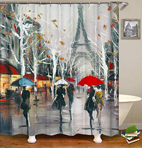 Fabric Shower Curtain, Paris Eiffel Tower Painting City Landscape Art France Couple Colorful Polyester Designer Cloth, Print Decorative Bathroom Curtains Include Hooks Set(72〃W By 72〃L) (Wj612) #TOP15