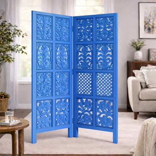 Image of Wooden Room Divider | MDF Privacy Screen Partition | Freestanding Folding Floor Panel | Decorative Carved Handicraft Separator for Living Room, Bedroom & Office (Blue, 5 feet 2 Panels)