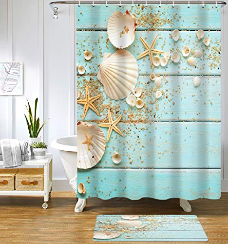 Uphome Beach Shower Curtain Aqua Seashell and Starfish Coastal Shower Curtain Set with Hooks Summer Ocean Nautical Fabric Bathroom Curtain Heavy Weighted,72x72