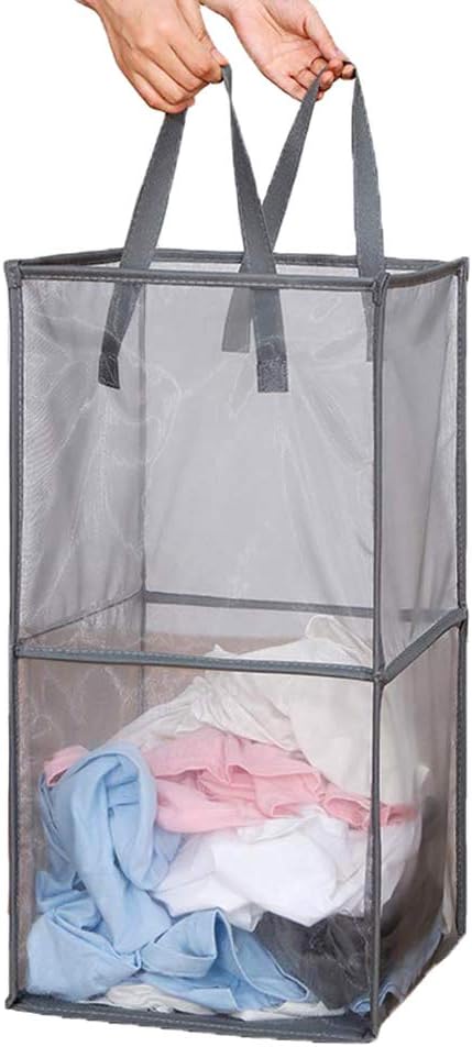 Mesh Popup Laundry Hamper with Handles, Portable & Durable Collapsible Dirty Clothes Mesh Basket Foldable for Washing Storage, Kids Room,College Dorm or Travel (Double -Layer, Grey)