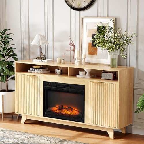 VINGLI Fluted Fireplace TV Stand for up to 70 inch TVs, Entertainment...