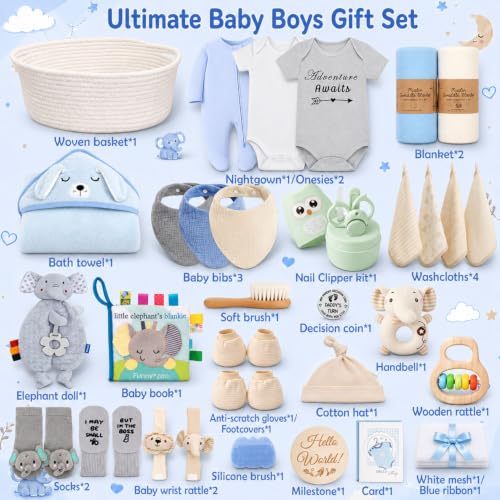 Image of 30-Piece Baby Shower Gifts for Boys, Newborn Essentials Must Haves,Large Baby Boy Gift Basket Set Essential Stuff,Gender Reveal Gifts,Rattle Swaddle,Blue,Baby Registry Search,Diaper Caddy Organizer