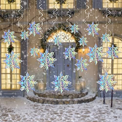 LAMEK 15pcs 3D Snowflake Decoration 3D Snowflake Hanging Decorations with 6pcs Spiral for Winter Party Bedroom Ceiling Decoration Window Door Holiday Ornament Festivals