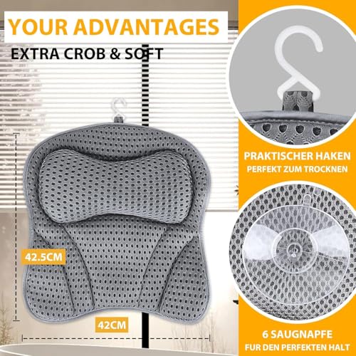 Badewannenkissen,Badekissen für Badewanne,Kopfstütze Wannenkissen,Bathtub Pillow mit 4D-Air-Mesh-Technologie und 6 Saugnäpfen,für Home Spa–Unterstützt Kopf,Schultern und Rücken in der Badewanne