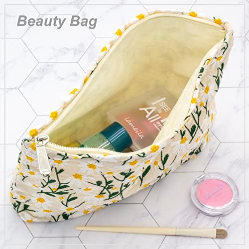 Makeup Bags for Purse Zipper Cosmetic Pouch Large Travel Canvas Make Up Organizer Tool Pouch for Women and Girls,Daisy White — view 2