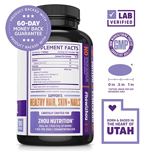 Zhou Flaxseed Oil 1000 Mg | Supports Heart Health And Healthy Hair, Skin & Nails | Essential Omega 3,6, 9 Fatty Acids | 100 Count #TOP1